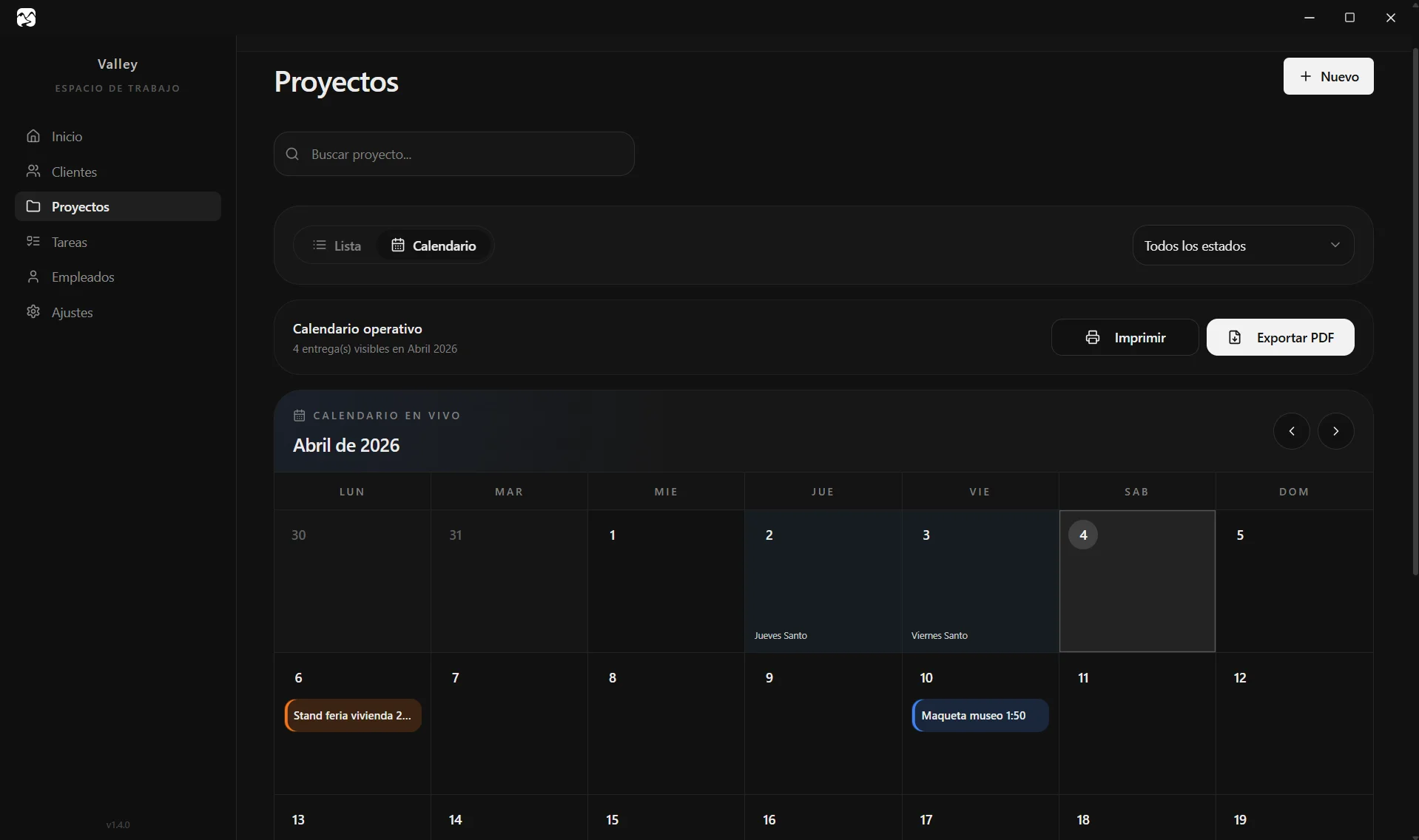 Calendario visual de entregas del mes en Valley con festivos incluidos