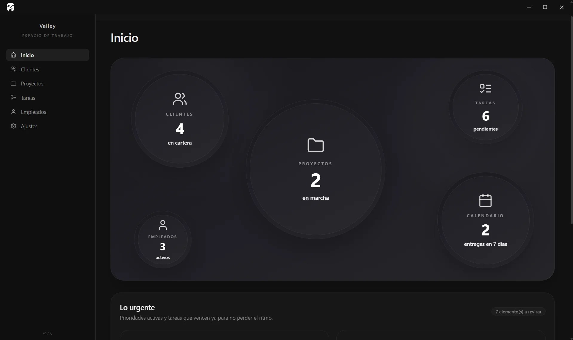 Dashboard de Valley mostrando resumen de clientes, proyectos, tareas y entregas