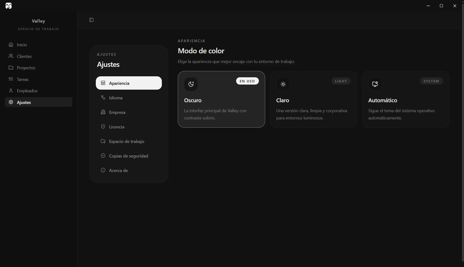 Interfaz de Valley - software de gestión para talleres y PYMES