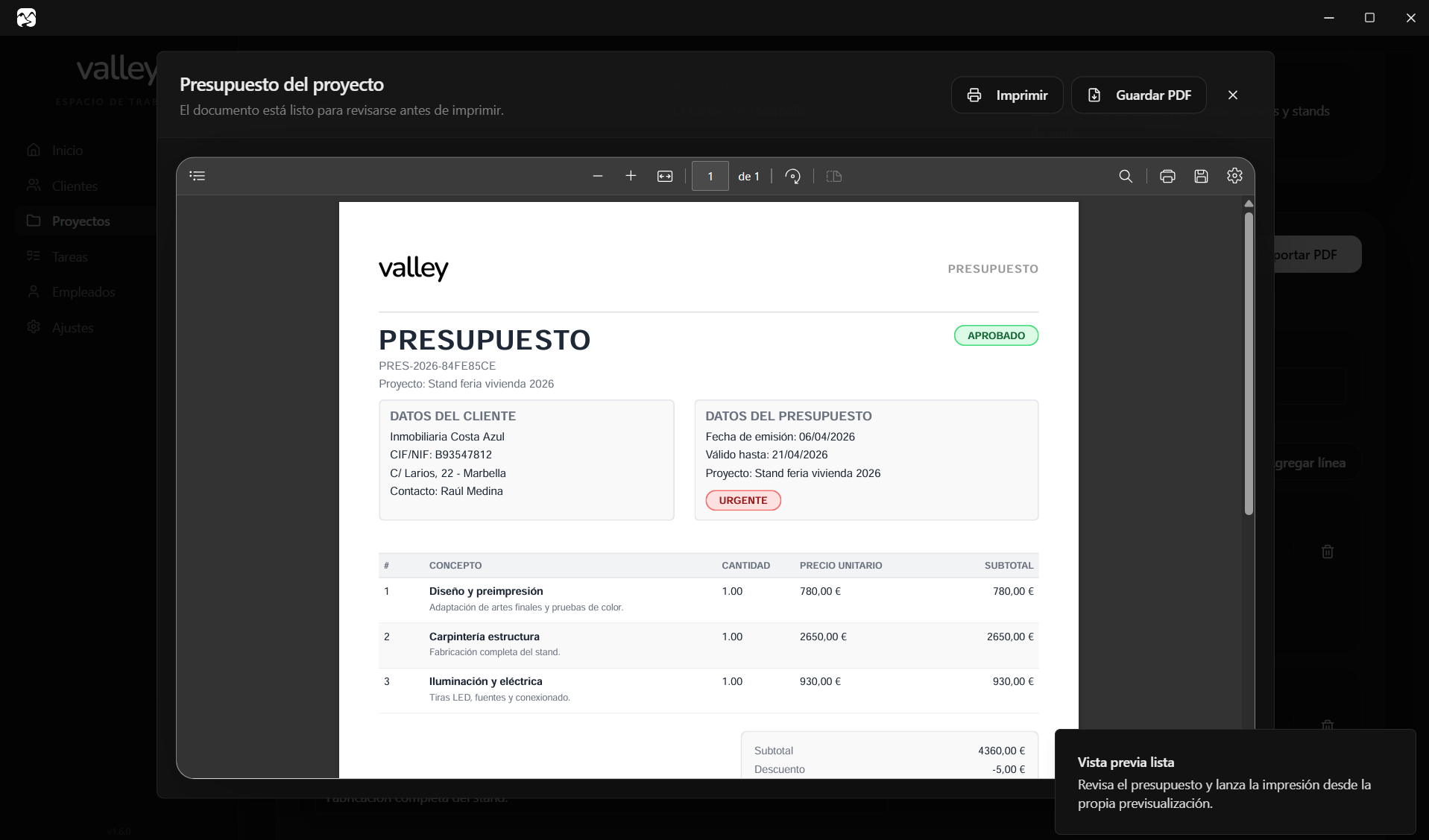 Presupuesto PDF profesional generado con Valley para enviar al cliente